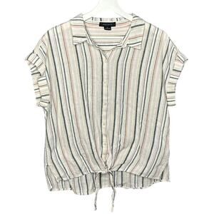 Sanctuary Women's Linen-Blend Striped Short Sleeve Tie Hem Button Front Top XL